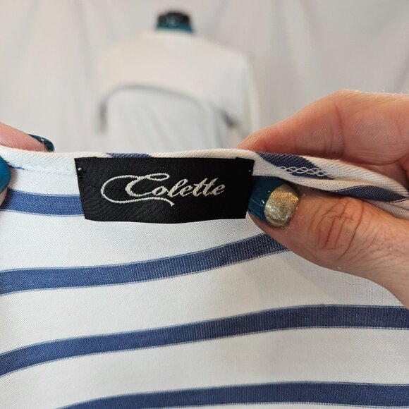 Colette Romey Cold Shoulder Knit Top White Navy Large - Picture 11 of 13